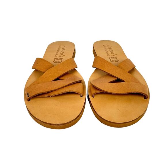 Annezo’s NEW Tan Leather Open Toe Cross Strap Slide On Neutral Greek Sandals - Picture 3 of 11